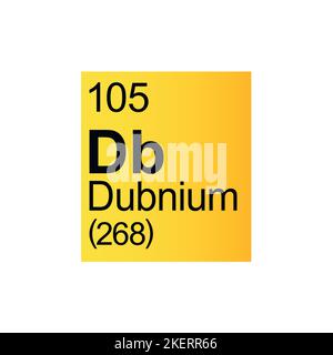 Dubnium elemento chimico di Mendeleev Tavola periodica su sfondo giallo. Illustrazione vettoriale a colori: Mostra il numero, il simbolo, il nome e il peso atomico Illustrazione Vettoriale