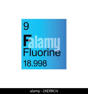 Fluoro elemento chimico di Mendeleev Tavola periodica su sfondo blu. Illustrazione vettoriale a colori: Mostra il numero, il simbolo, il nome e il peso atomico. Illustrazione Vettoriale