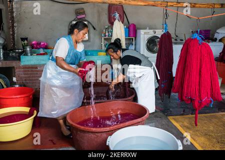 Le donne in un laboratorio di tessitura lavano matasse di filato dopo la tintura con coloranti naturali a Teotitlan del Valle, Oaxaca, Messico. Foto Stock