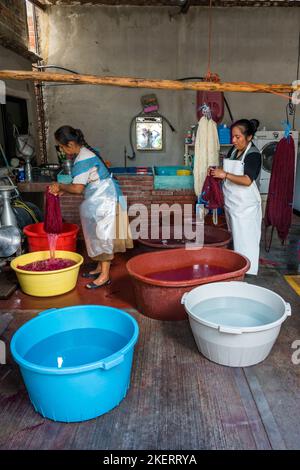 Le donne in un laboratorio di tessitura lavano matasse di filato dopo la tintura con coloranti naturali a Teotitlan del Valle, Oaxaca, Messico. Foto Stock