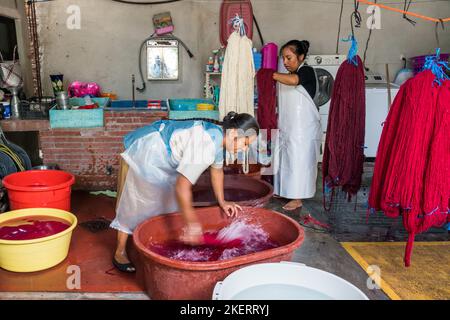 Le donne in un laboratorio di tessitura lavano matasse di filato dopo la tintura con coloranti naturali a Teotitlan del Valle, Oaxaca, Messico. Foto Stock