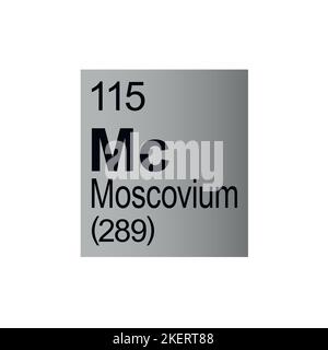 Moscovium elemento chimico di Mendeleev Tavola periodica su sfondo grigio. Illustrazione vettoriale a colori: Mostra il numero, il simbolo, il nome e il peso atomico Illustrazione Vettoriale