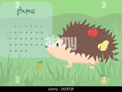 calendario 2023 per agosto carino hedgehog personaggio Foto Stock