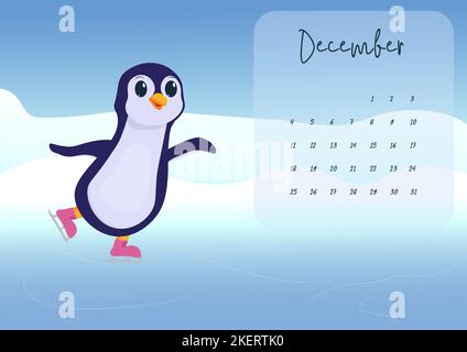 calendario 2023 dicembre mese con carino personaggio pinguino in inverno pattinaggio su ghiaccio su sfondo blu, poster stampabile ad alta risoluzione Foto Stock
