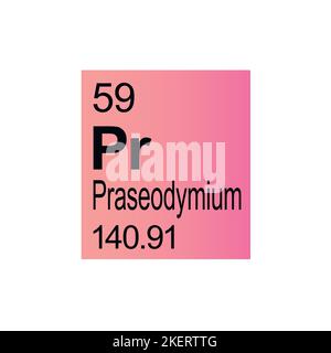 Praseodimio elemento chimico di Mendeleev Tavola periodica su sfondo rosa. Illustrazione vettoriale colorata - mostra il numero, il simbolo, il nome e il peso atomico Illustrazione Vettoriale