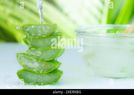 Succo di aloe vera fresco in una ciotola di vetro e fette di aloe vera naturale biologica su sfondo naturale. Concetto di medicina e bellezza. Foto Stock