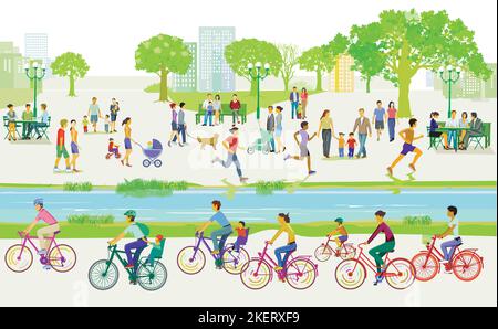 Sport e ricreazione nel parco e ciclisti, illustrazione Illustrazione Vettoriale