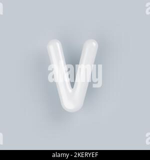 3D lettera V maiuscola bianca in plastica con superficie lucida su sfondo grigio. Illustrazione Vettoriale