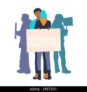 Il tipo abbraccia la ragazza e tiene il cartello sulla gente protesta sfondo. Gruppo di persone che tiene striscioni vuote, manifestando attivisti che dimostrano segni vuoti. Street protesta piano vettore illustrazione Illustrazione Vettoriale