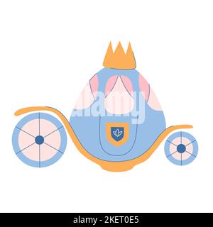 Carrozza principessa. Carino piccolo brougham con corona in cima. Illustrazione piatta del coach di nozze di favola. Buon compleanno, festa, stampa, copertina. Trasporto retrò. Illustrazione del vettore Doodle. Illustrazione Vettoriale