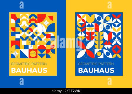 Poster astratto bauhaus, brochure sfondo creativo geometrico, forme semplici colori luminosi, motivo rettangolare. Collage d'arte a cerchio colorato. Retro mi Illustrazione Vettoriale