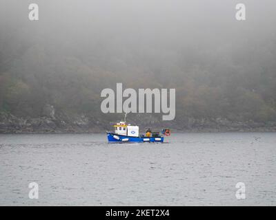 Fisherman lancia le trappole da una piccola barca di lavoro, nella nebbia, vicino alla costa rocciosa lungo il Firth di Clyde, Scozia, Regno Unito. Foto Stock