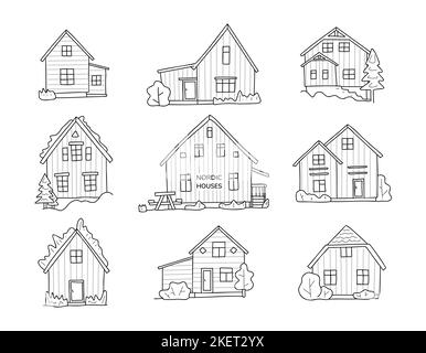 Scandinavian carino case doodle set. Facciate casa nordica. Disegno a mano di edifici tipici norvegesi. Tipiche facciate settentrionali in pannelli sandwich. Illustrazione vettoriale per il paesaggio urbano della scheda Illustrazione Vettoriale