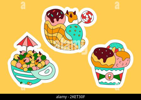 Adesivi per scarabocchio deserti carino. Mini scioglie palline, gelato con cialde al taco lolypop, misurini in tazza. Dolci estivi freddi con guarnizioni per la stampa compleanno decorazione carta festa illustrazione vettore Illustrazione Vettoriale