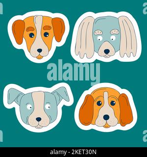 Carino cani muso set di adesivi. Doodle colore divertenti facce cucciolo. Teste di cane. Razze di cani popolari diverse. Illustrazione vettoriale orizzontale canina per la stampa di biglietti d'auguri Illustrazione Vettoriale