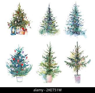Albero di natale decorato Capodanno acquerello illustrazione acqua colore disegno. Foto Stock