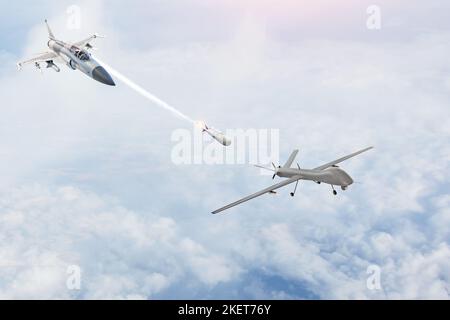 Combat fighter lancia missili a un bersaglio - uav senza equipaggio drone militare. Conflitto, guerra. Forze aerospaziali Foto Stock