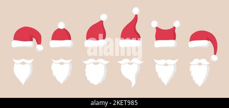 Collezione di cappelli rossi, baffi e barba di Babbo Natale. Simboli di Natale in stile piatto. Illustrazione vettoriale Illustrazione Vettoriale