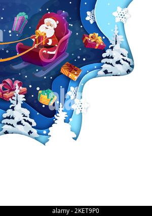 Poster di carta di Natale tagliato. Cartone animato volante babbo natale su slitta e regali di festa. Modello vettoriale con 3D effetto a strati papercut, carta bianca verticale con divertente babbo natale in sella nel cielo notturno con neve Illustrazione Vettoriale