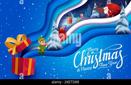Natale taglio di carta di cartoni animati gnome e Babbo Natale con borsa regali in vacanza invernale neve foresta. Vettori Babbo Natale e elfo aiutanti personaggi, albero di Natale, cervi e presenti scatole, fiocchi di neve e nastri Illustrazione Vettoriale