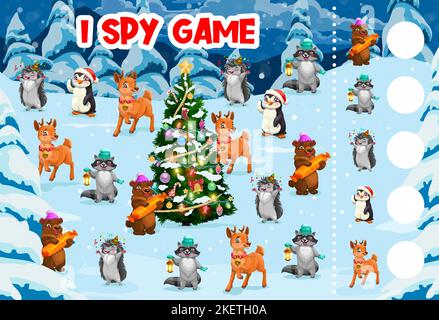 Natale mi spy gioco, cartoni animati carino sulle vacanze invernali, vettore quiz foglio di lavoro. Renne, pinguino in cappello di Santa e raccoon con hedgehog su puzzle bambini enigma per trovare due animali divertenti Illustrazione Vettoriale