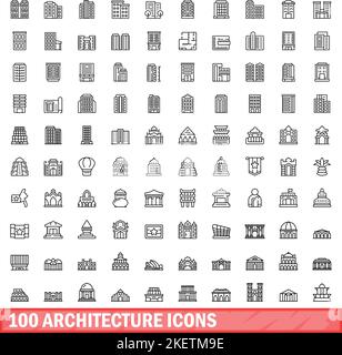 100 icone dell'architettura impostate. Illustrazione di 100 icone di architettura vettore set isolato su sfondo bianco Illustrazione Vettoriale