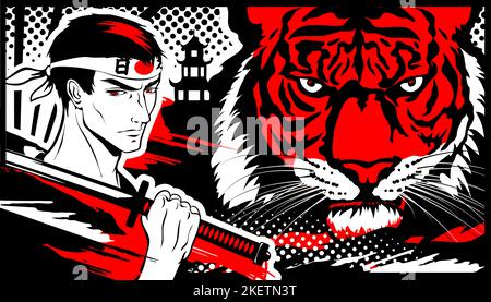 Samurai uomo e tigre in stile manga e anime. Illustrazione Vettoriale