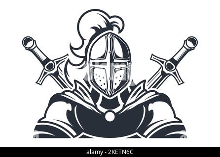 Cavaliere in armatura, logo cavalleria con crociata e spade, emblema sportivo, vettore Illustrazione Vettoriale
