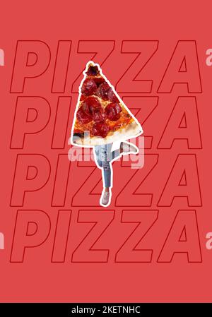 Fetta di peperoni salame pizza e le gambe di una donna danzante. Collage d'arte contemporanea. Foto Stock