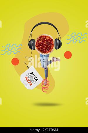 Collage d'arte contemporanea. Pizza al peperoni salame, cuffie. Cucina moderna. Foto Stock
