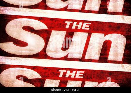 Impressum of the Sun Newspaper, controversa parte tabloid britannica del gruppo Rupert Murdoch News Corp. Effetto tipo poster granuloso. Foto Stock