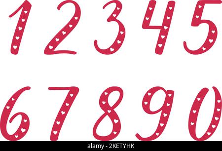 I numeri 1, 2, 3, 4, 5, 6, 7, 8, 9, 0 scritte a mano calligrafia a pennello moderna. Cifre rosse disegnate a mano decorate con cuori su bianco. Illustrazione Vettoriale