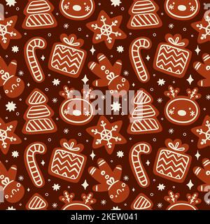 Biscotti allo zenzero senza cuciture. Pan di zenzero di Natale. Forme biscotto xmas. Dolci per le vacanze. Cibo tradizionale festivo. Forno di Capodanno. Pasticceria con Illustrazione Vettoriale