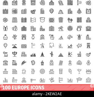 100 set di icone per l'europa. Illustrazione di 100 icone europee set vettoriale isolato su sfondo bianco Illustrazione Vettoriale