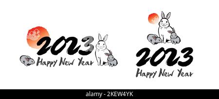 Felice anno nuovo, calligrafia e alba, coniglio, nuovo anno 2023, disegno di emblema combinato. Illustrazione Vettoriale
