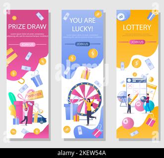 Set di modelli per banner Web verticale della lotteria, illustrazione vettoriale. Persone che giocano a bingo, keno, lotteria lotteria giochi, partecipando a estrazione a premi. Gioco d'azzardo Illustrazione Vettoriale