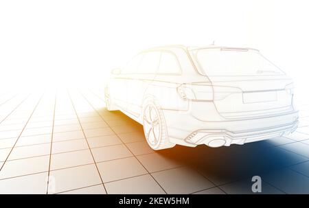 Generico senza marchio wireframe city car alla luce del sole: 3D illustrazione Foto Stock