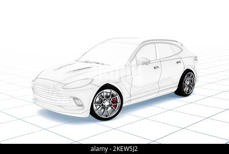 Generico senza marchio wireframe city car con ruote reali alla luce del sole: 3D illustrazione Foto Stock