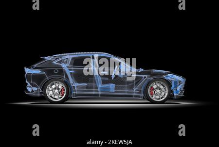 Moderno generico wireframe wireframe auto sportiva al buio: 3D illustrazione Foto Stock