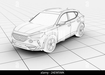 Auto generica wireframe senza marchio su una piattaforma metallica: Illustrazione 3D Foto Stock