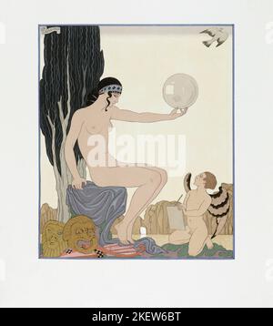 Un Muse ispira un artista. Disegno di George Barbier, inciso su legno di Pierre Bouchet e incluso nel libro Vies Imaginaries (Imaginary Lives) dello scrittore francese Marcel Schwob. A partire dall'edizione 1929. Foto Stock