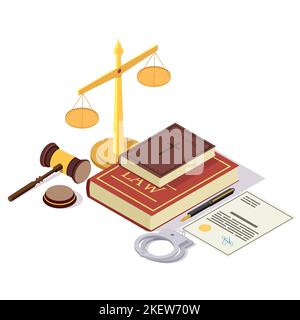 Diritto e Giustizia composizione, illustrazione vettoriale. Simboli giuridici isometrici Law book, Bible, Scales of justice, gavel, manette, ecc. Illustrazione Vettoriale