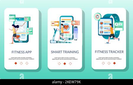 Schermate di onboarding per app fitness, training intelligente e app mobile Fitness Tracker. Modello vettoriale banner menu per lo sviluppo di siti Web e applicazioni. Illustrazione Vettoriale