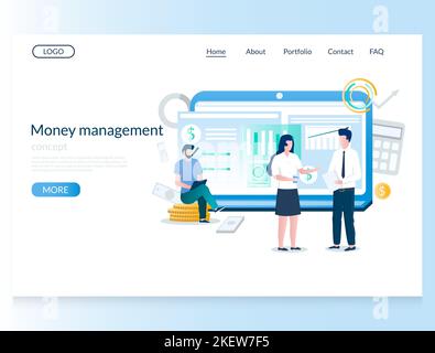 Modello vettoriale di Web site di gestione di soldi, disegno di Web page e di landing page per sviluppo di Web site e del luogo mobile. Pianificazione e controllo del budget. Illustrazione Vettoriale