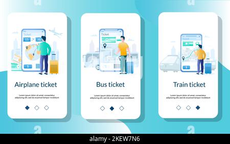 Videate di onboarding dell'app mobile per biglietti aerei, autobus e treni. Modello vettoriale banner menu per lo sviluppo di siti Web e applicazioni. Prenotazione online Illustrazione Vettoriale