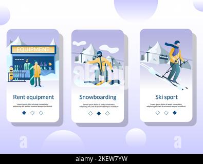 Noleggio attrezzatura, Snowboard, Sci sport mobile app on board schermi. Modello vettoriale banner menu per lo sviluppo di siti Web e applicazioni. Illustrazione Vettoriale