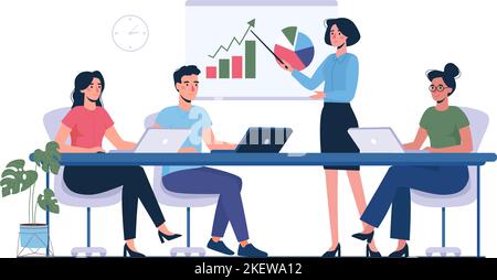 Coach che parla prima dei dipendenti. Formazione aziendale, seminario, conferenza in ufficio. Mentor. Insegna, presentando grafici. Illustrazione vettoriale Presentazione in stile piatto Illustrazione Vettoriale