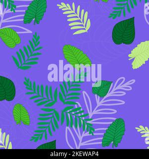 stampa tropicale da foglie verdi di piante tropicali su sfondo lilla. Ripetizione senza giunture vettoriale. Illustrazione Vettoriale