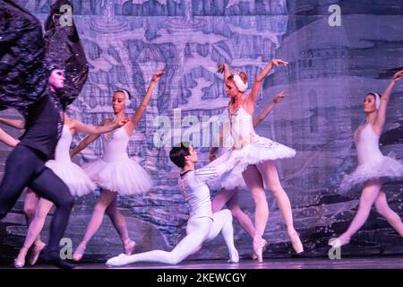 Swan Lake, balletto di Pyotr Ilyich Tchaikovsky, eseguito dal Balletto di Stato russo e dal Teatro dell'Opera Mari El aka Mari Teatro accademico dell'Opera e del Balletto Erik Sapaev (dalla Repubblica Mari El), scena con Artem Vedenkin come principe Siegfried e Yekaterina Baibaeva come Odette, a Stadthalle Wetzlar, Germania, 26th gennaio .2019 Foto Stock