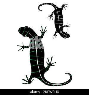 Set di lucertole rettile gecko silhouette nera con disegno vettoriale a strisce. Semplice illustrazione della silhouette isolata su sfondo bianco. Modello Illustrazione Vettoriale